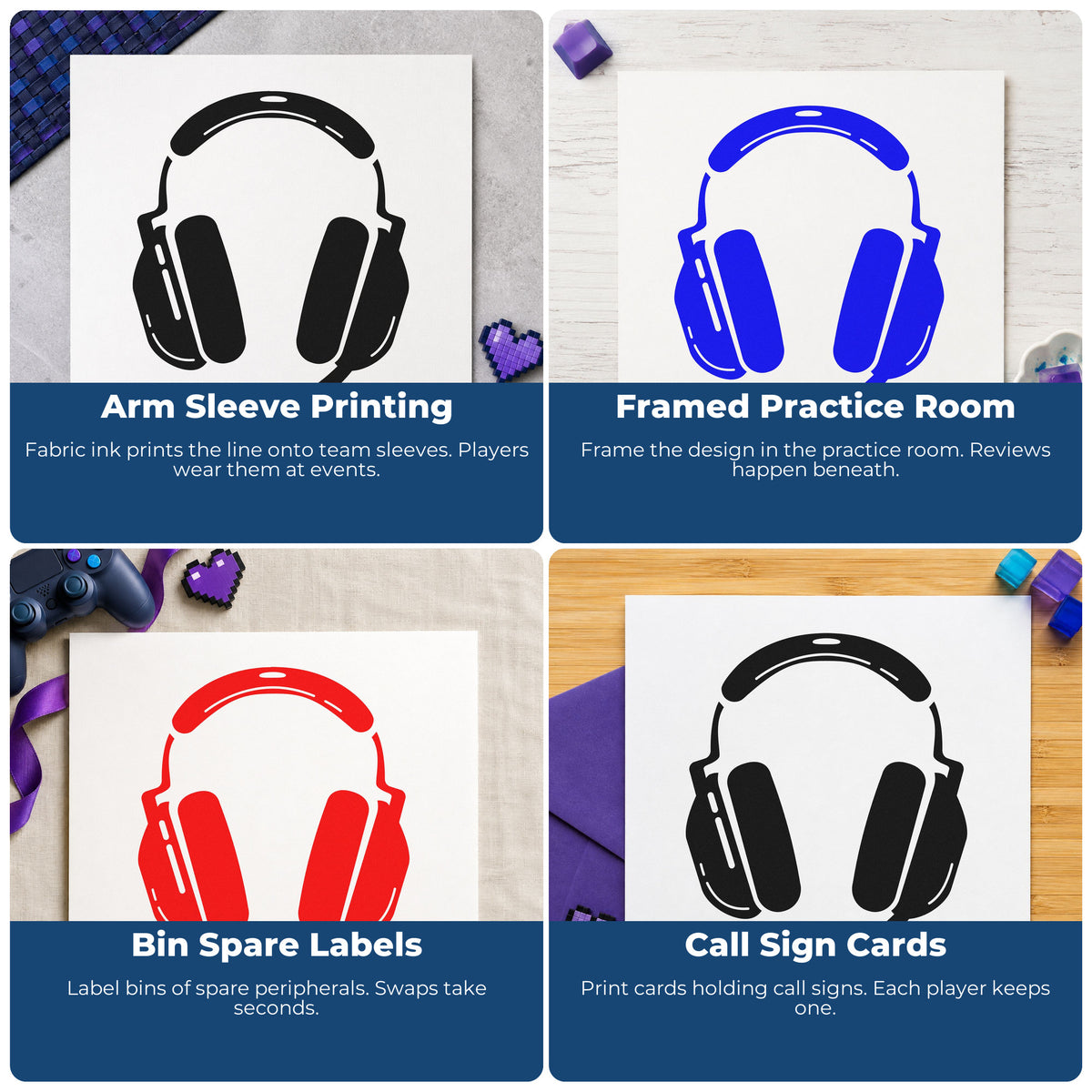 Four ways to use the Boom Microphone Gaming Headset Hand Stamp – Duo: arm sleeve printing, framed practice room, bin spare labels and call sign cards.