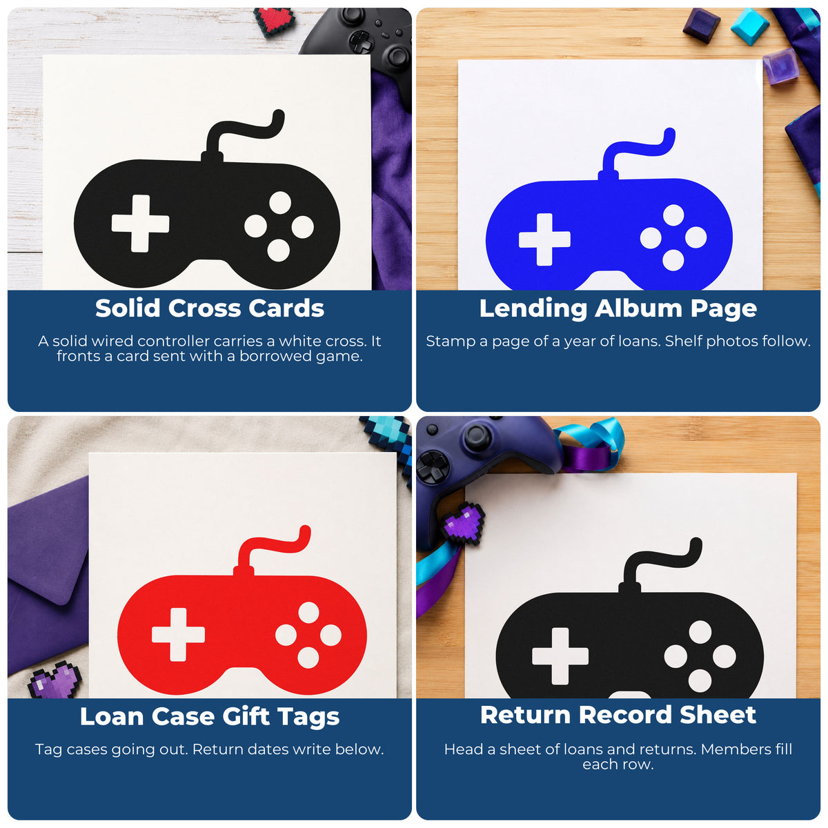 Four ways to use the Solid Wired Retro Controller Wood Handle Stamp: solid cross cards, lending album page, loan case gift tags and return record sheet.