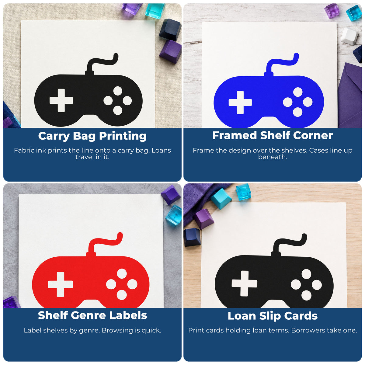 Four ways to use the Solid Wired Retro Controller Wood Handle Stamp: carry bag printing, framed shelf corner, shelf genre labels and loan slip cards.