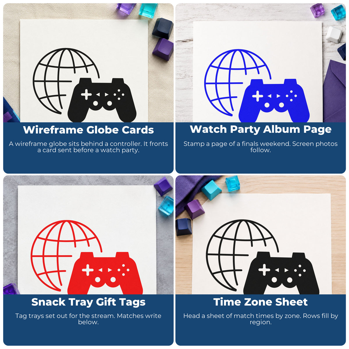 Four ways to use the Online Gaming Globe Controller PSI Pre-Inked Stamp: wireframe globe cards, watch party album page, snack tray gift tags and time zone sheet.