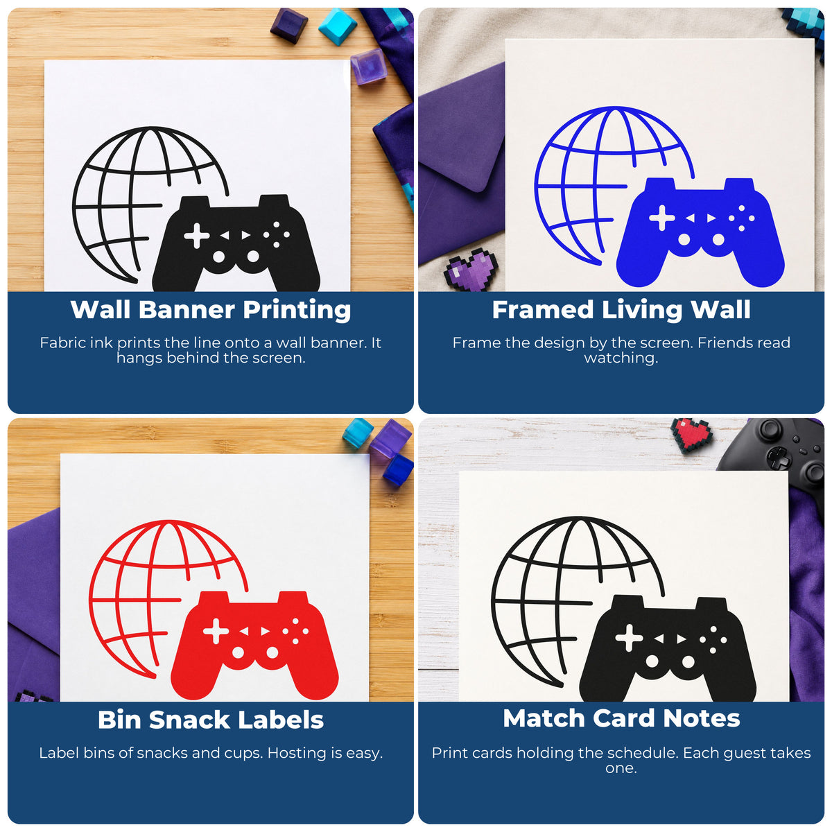 Four ways to use the Online Gaming Globe Controller Compact Pre-Inked Stamp – Slim: wall banner printing, framed living wall, bin snack labels and match card notes.
