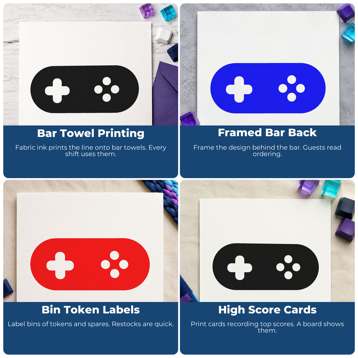 Four ways to use the Slim Pre-Inked Rounded Retro Game Controller Stamp: bar towel printing, framed bar back, bin token labels and high score cards.