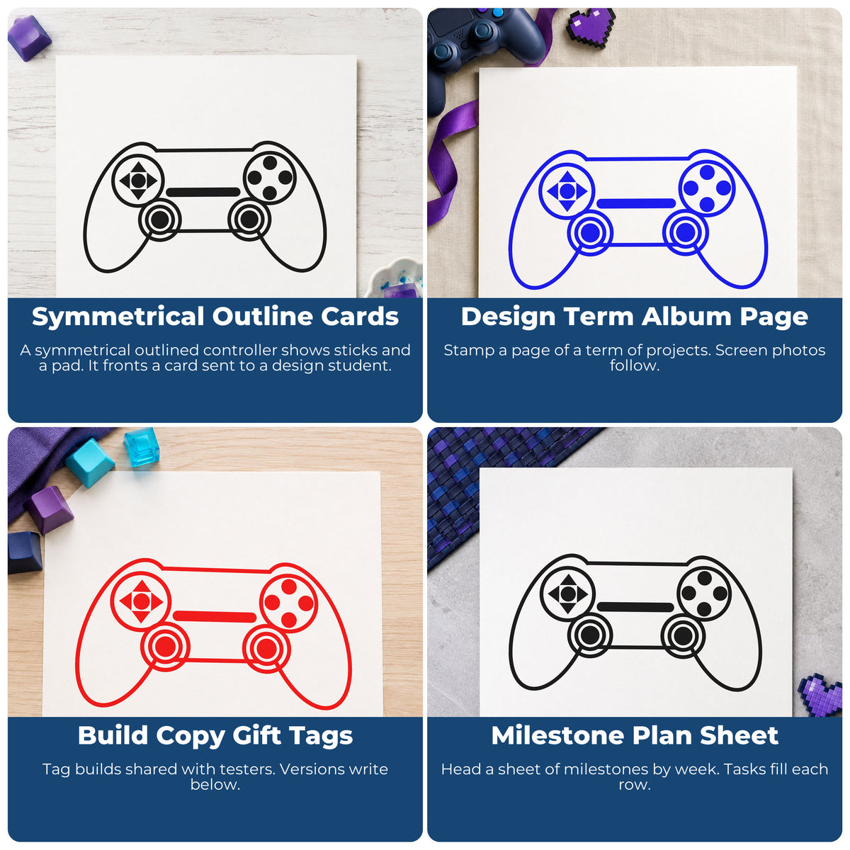 Four ways to use the Symmetrical Thumbstick Controller Self-Inking Stamp: symmetrical outline cards, design term album page, build copy gift tags and milestone plan sheet.