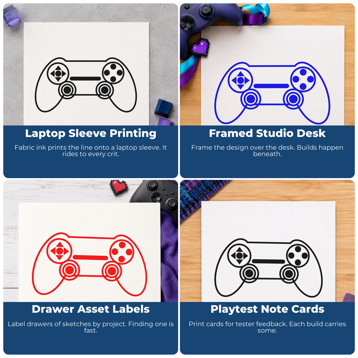 Four ways to use the Symmetrical Thumbstick Controller PSI Pre-Inked Stamp: laptop sleeve printing, framed studio desk, drawer asset labels and playtest note cards.