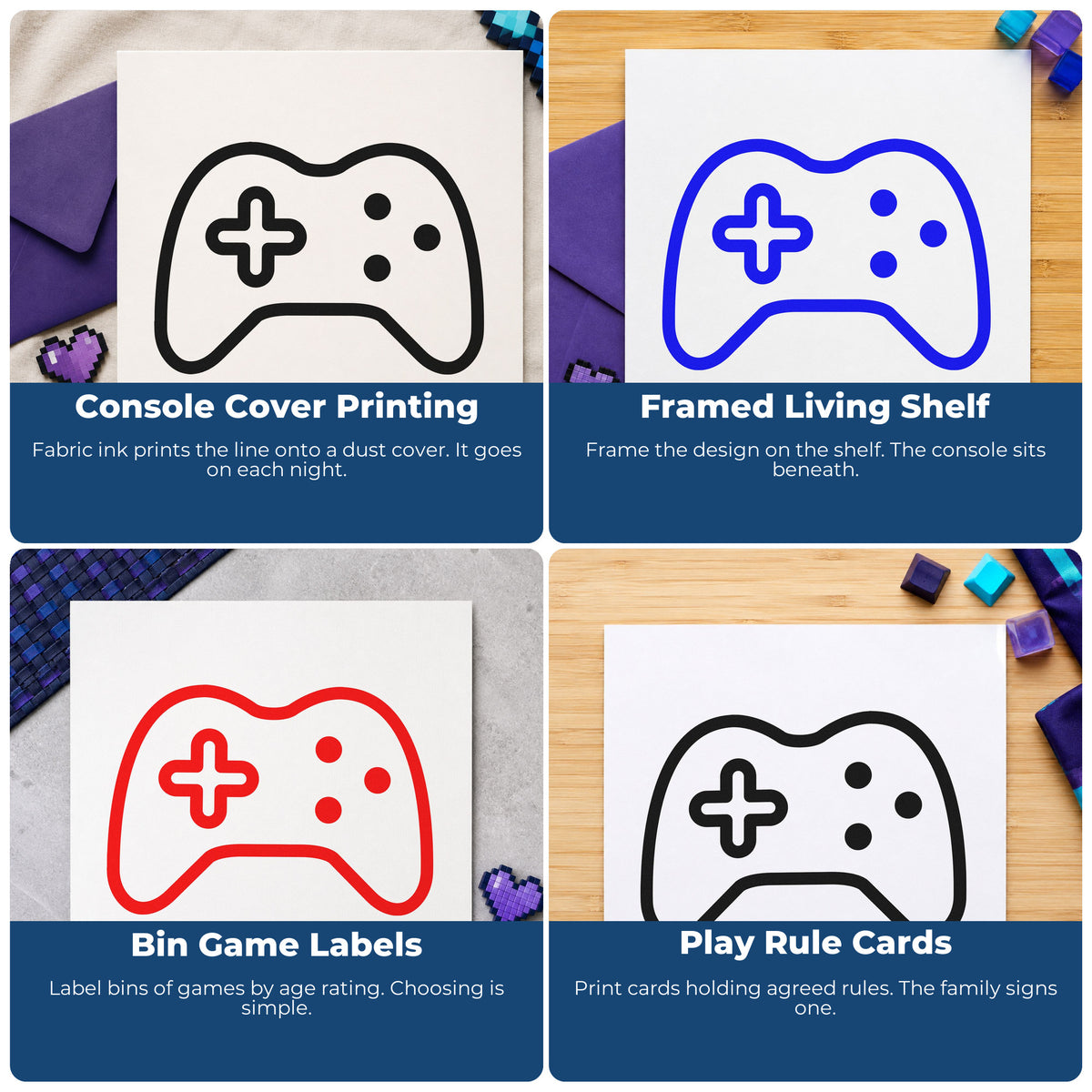 Four ways to use the Three Button Controller Line Art Pre-Inked Stamp – PSI: console cover printing, framed living shelf, bin game labels and play rule cards.