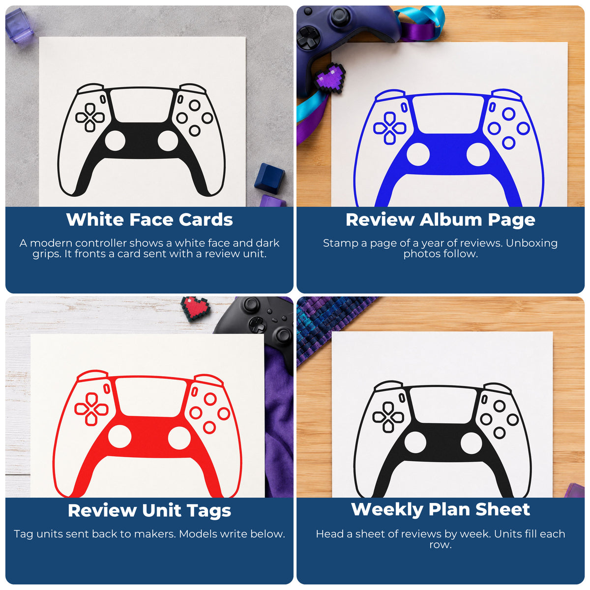 Four ways to use the Dual Stick Controller With Shaded Grips Rubber Stamp – Duo Hand: white face cards, review album page, review unit tags and weekly plan sheet.