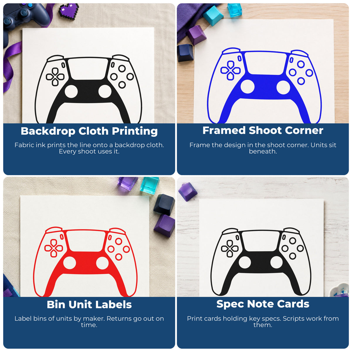 Four ways to use the Dual Stick Controller With Shaded Grips Rubber Stamp – Duo Hand: backdrop cloth printing, framed shoot corner, bin unit labels and spec note cards.