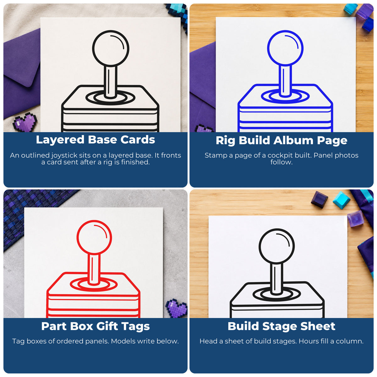 Four ways to use the Retro Joystick Layered Base Frame Accent Wood Handle Stamp: layered base cards, rig build album page, part box gift tags and build stage sheet.