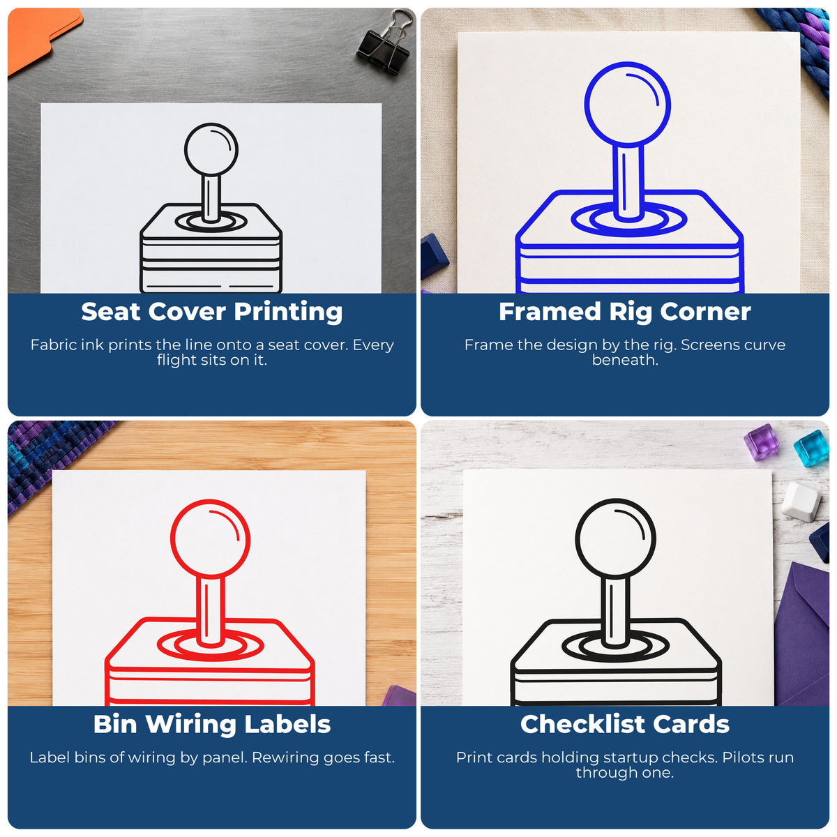Four ways to use the Retro Joystick Layered Base Frame Accent Slim Pre-Inked Stamp: seat cover printing, framed rig corner, bin wiring labels and checklist cards.