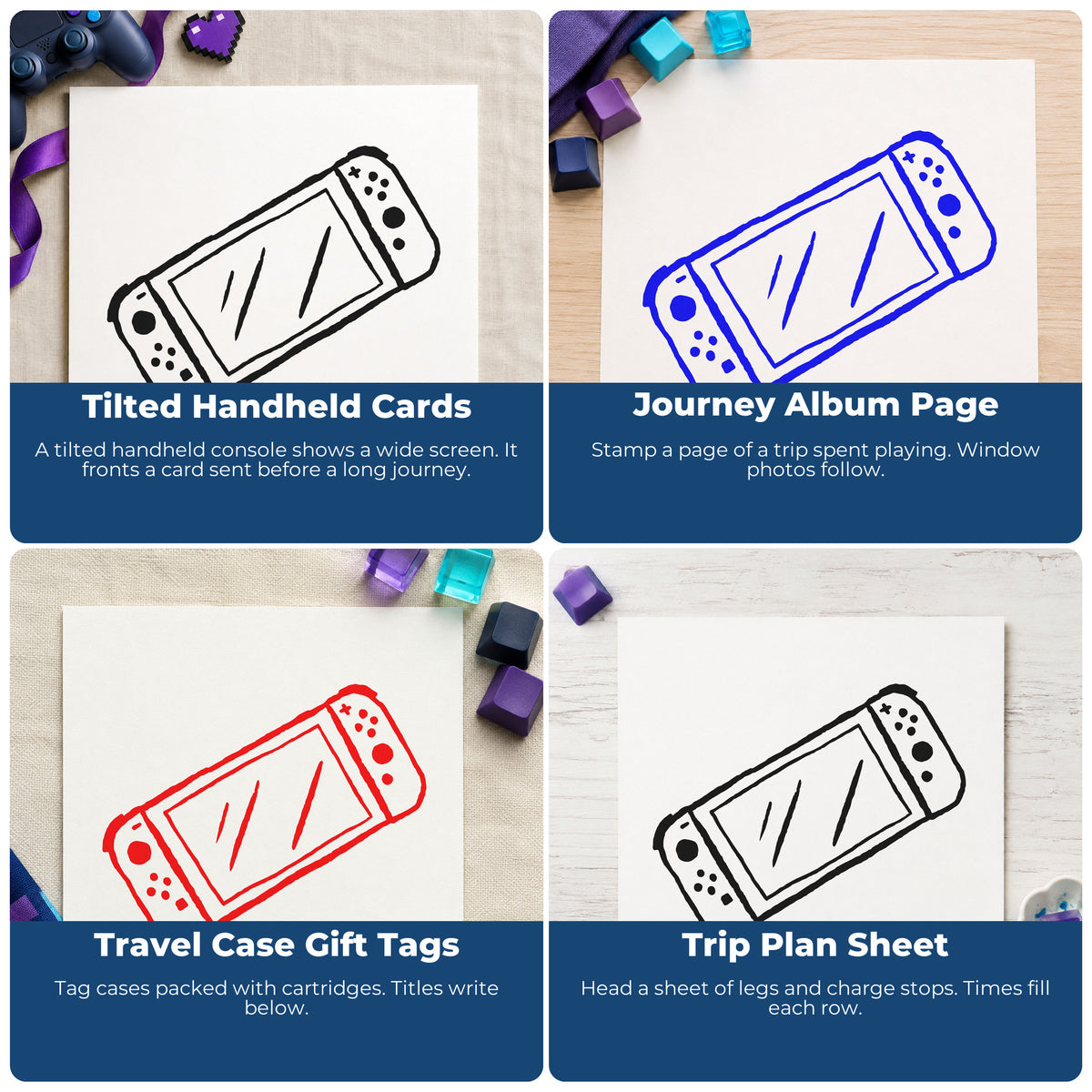Four ways to use the Tilted Handheld Gaming Console Stamp – Self-Inking: tilted handheld cards, journey album page, travel case gift tags and trip plan sheet.