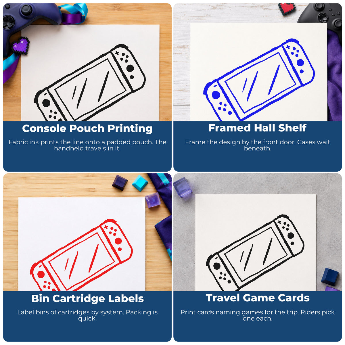 Four ways to use the Tilted Handheld Gaming Console Hand Stamp – Duo: console pouch printing, framed hall shelf, bin cartridge labels and travel game cards.