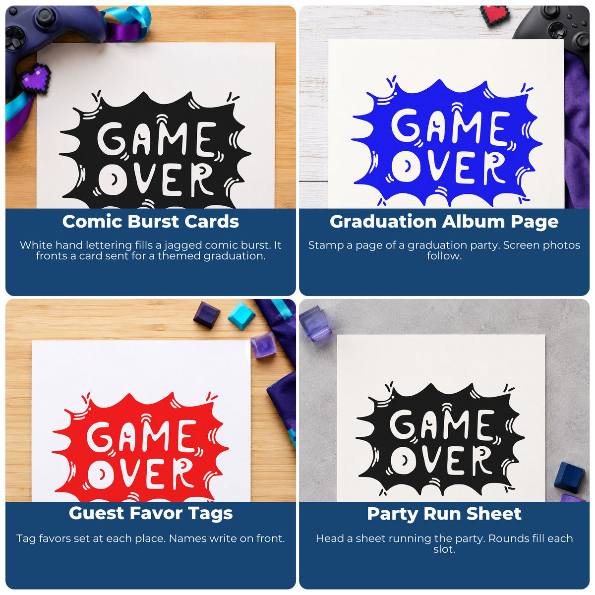 Four ways to use the Game Over Comic Burst Craft Stamp – Self-Inking: comic burst cards, graduation album page, guest favor tags and party run sheet.
