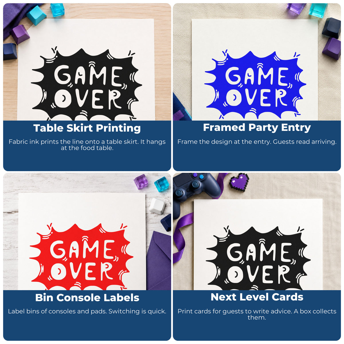 Four ways to use the Game Over Comic Burst Craft Stamp – Self-Inking: table skirt printing, framed party entry, bin console labels and next level cards.