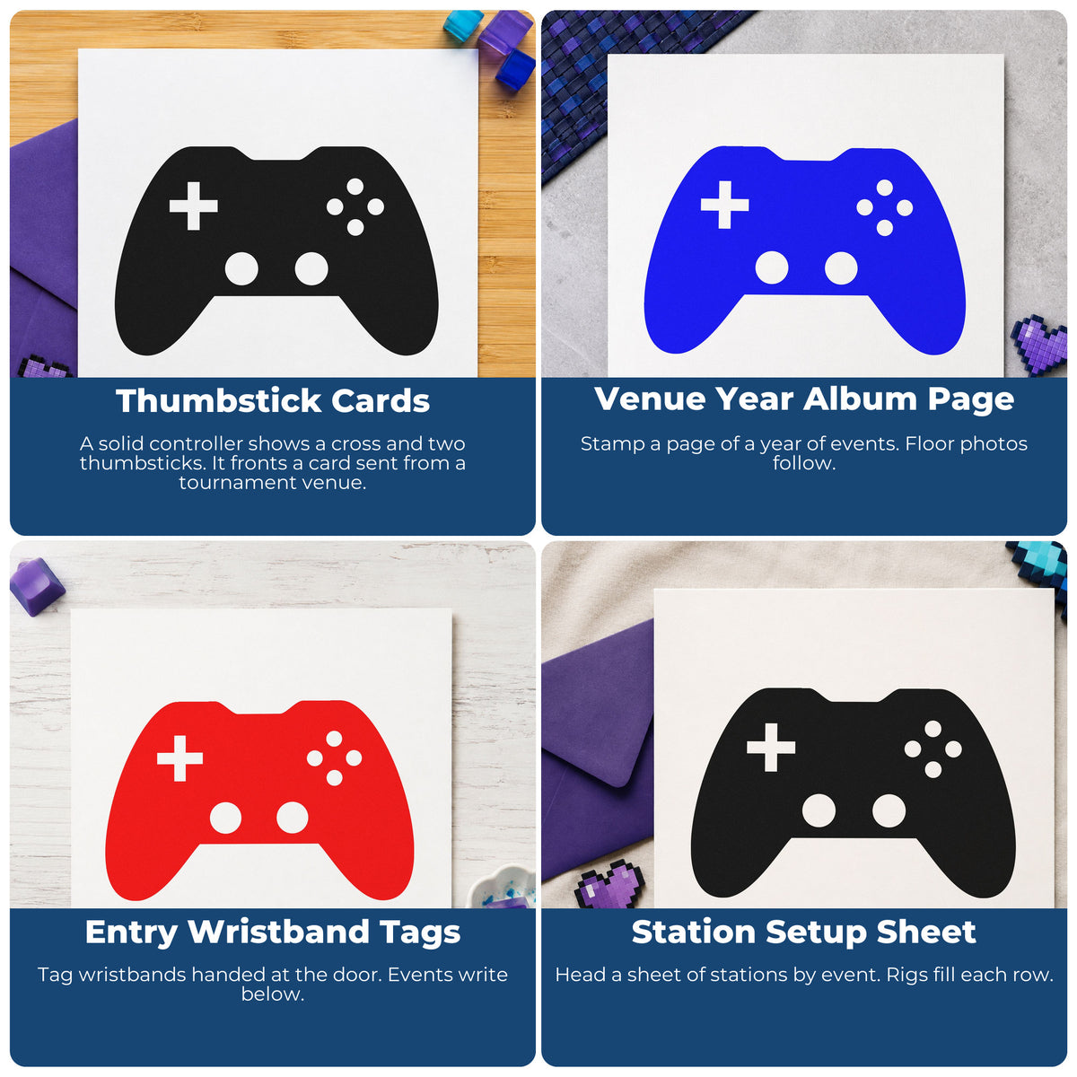 Four ways to use the Solid Dual Stick Controller Self-Inking Stamp: thumbstick cards, venue year album page, entry wristband tags and station setup sheet.