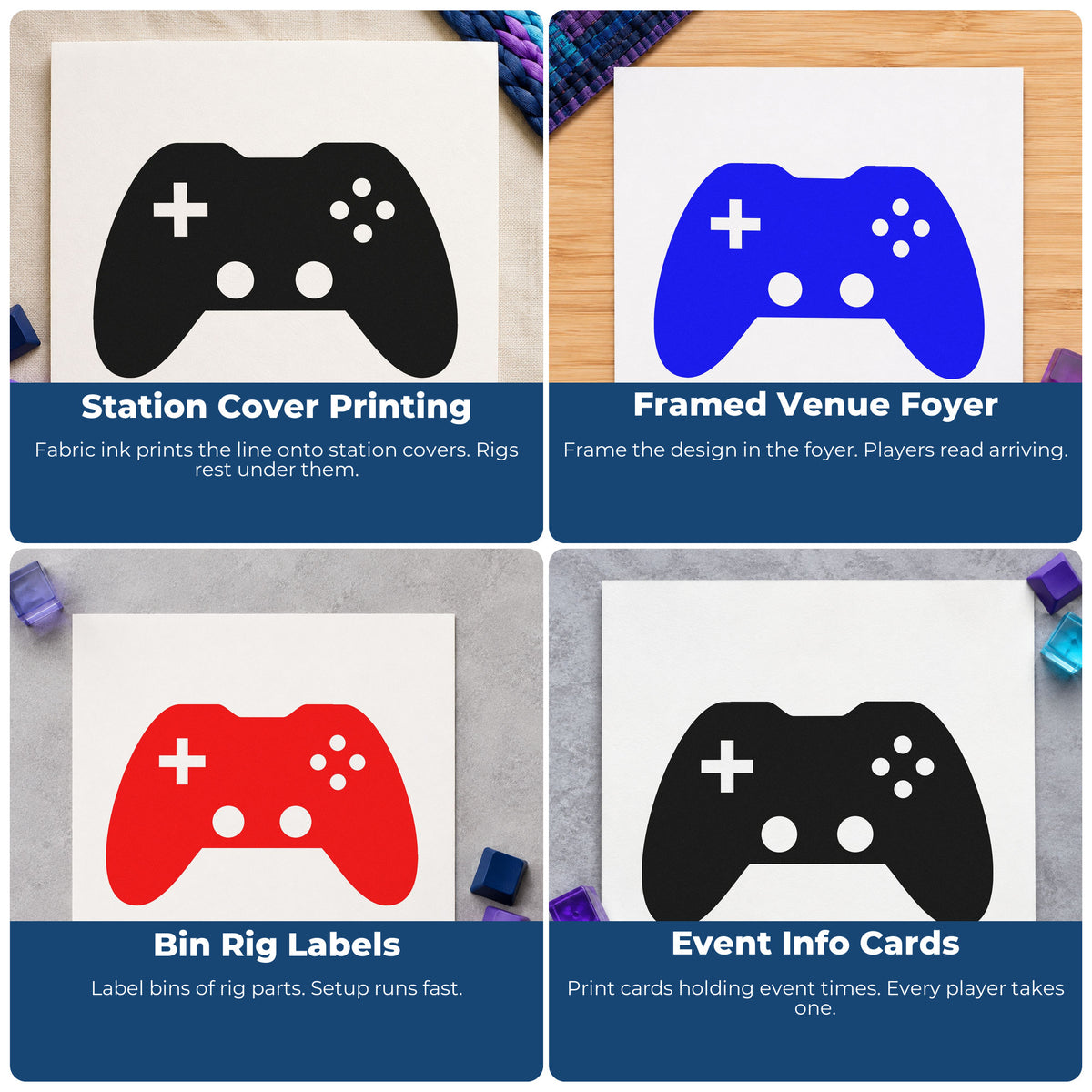 Four ways to use the Solid Dual Stick Controller Rubber Stamp – Duo Hand: station cover printing, framed venue foyer, bin rig labels and event info cards.