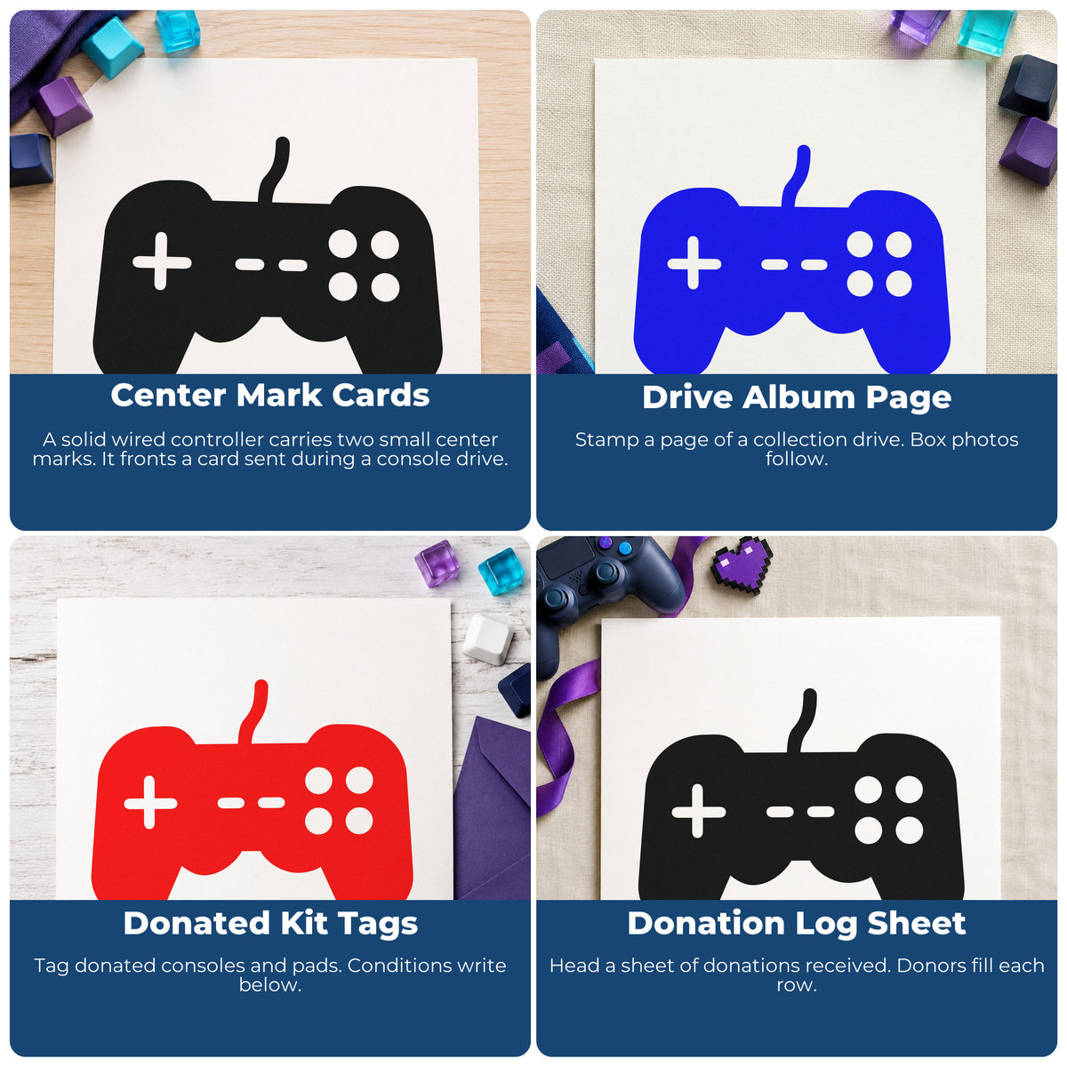 Four ways to use the Wired Controller With Center Marks Rubber Stamp – Wood Handle: center mark cards, drive album page, donated kit tags and donation log sheet.