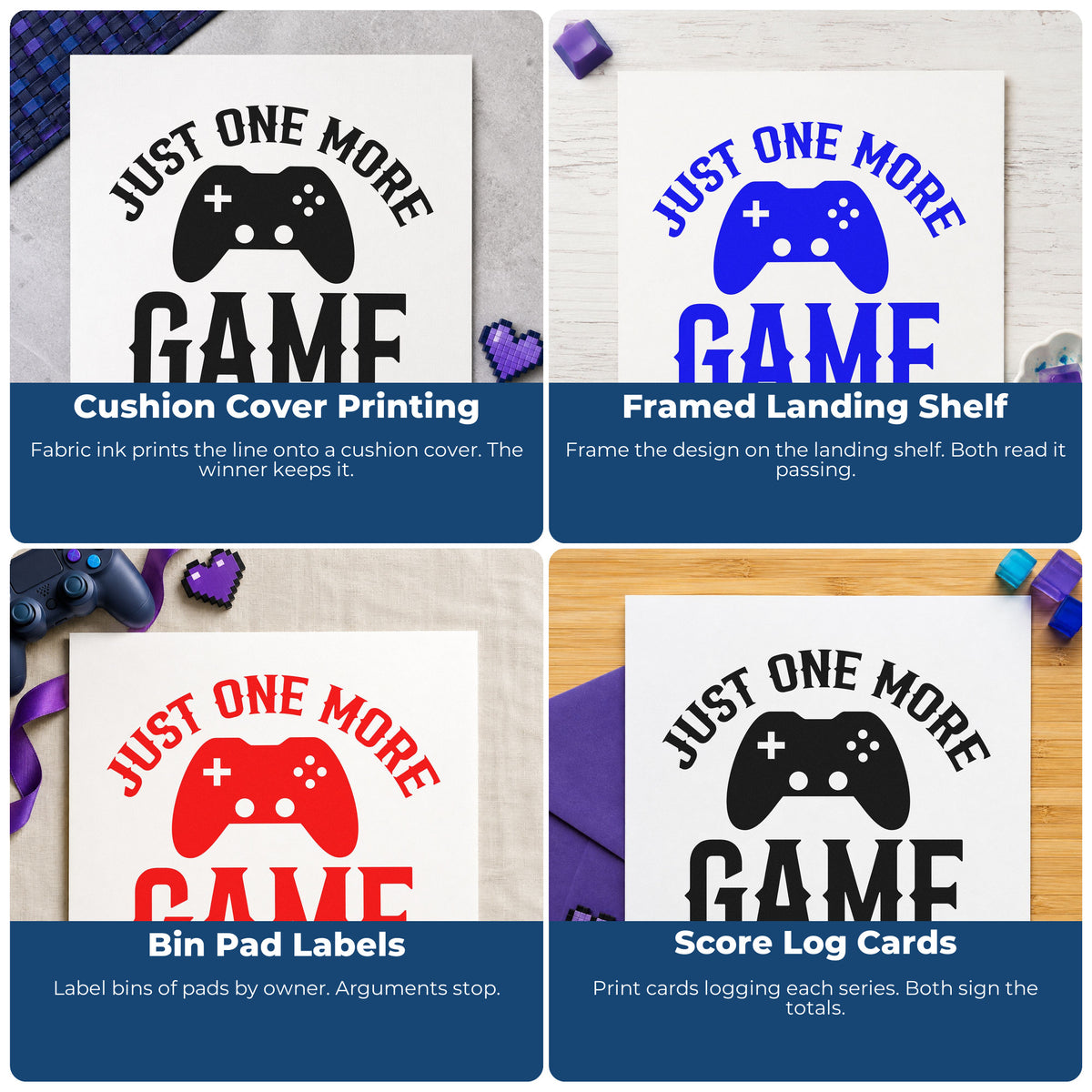 Four ways to use the Slim Pre-Inked One More Game Controller Lettering Stamp: cushion cover printing, framed landing shelf, bin pad labels and score log cards.