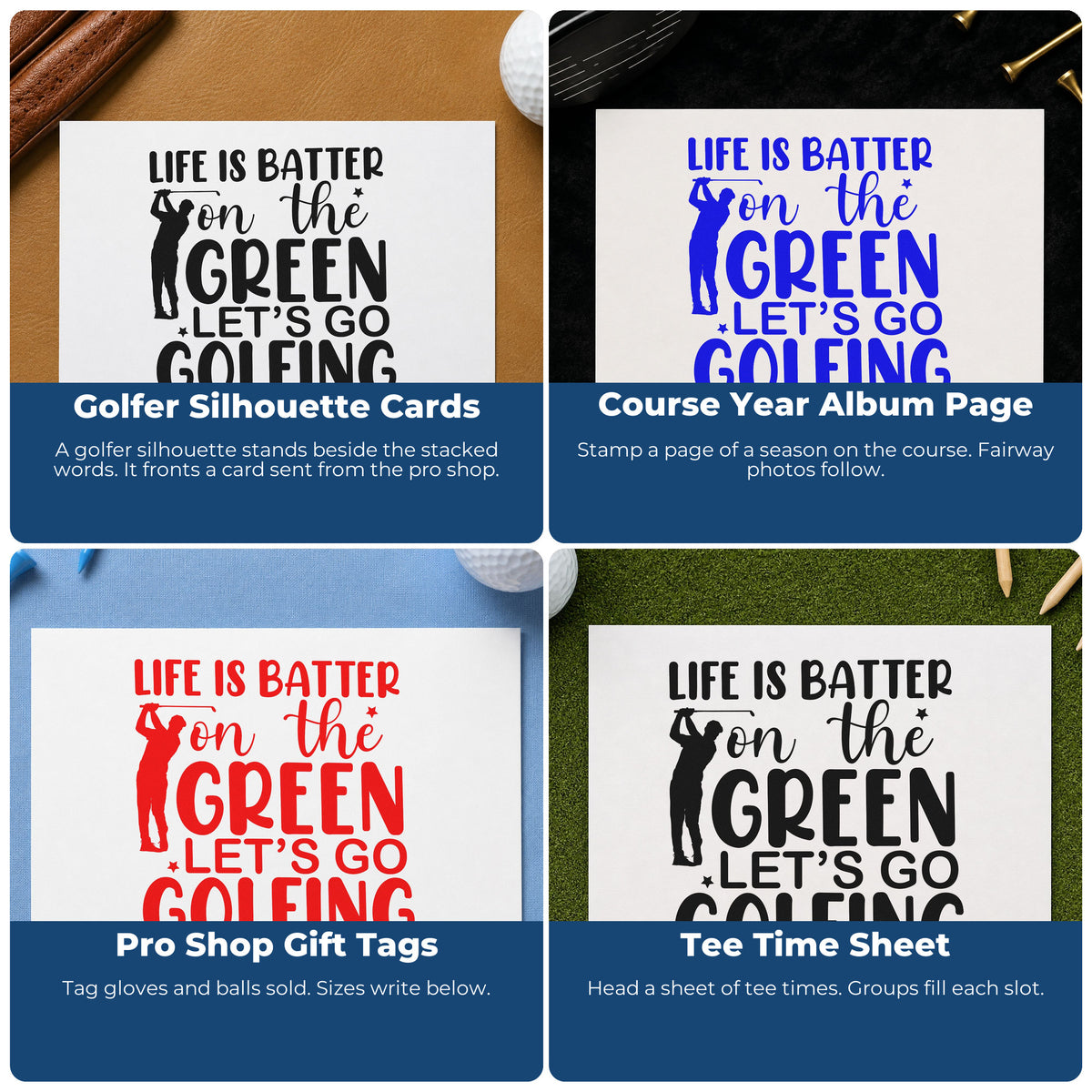 Four ways to use the Golfing On The Green Rubber Stamp – Wood Handle: golfer silhouette cards, course year album page, pro shop gift tags and tee time sheet.