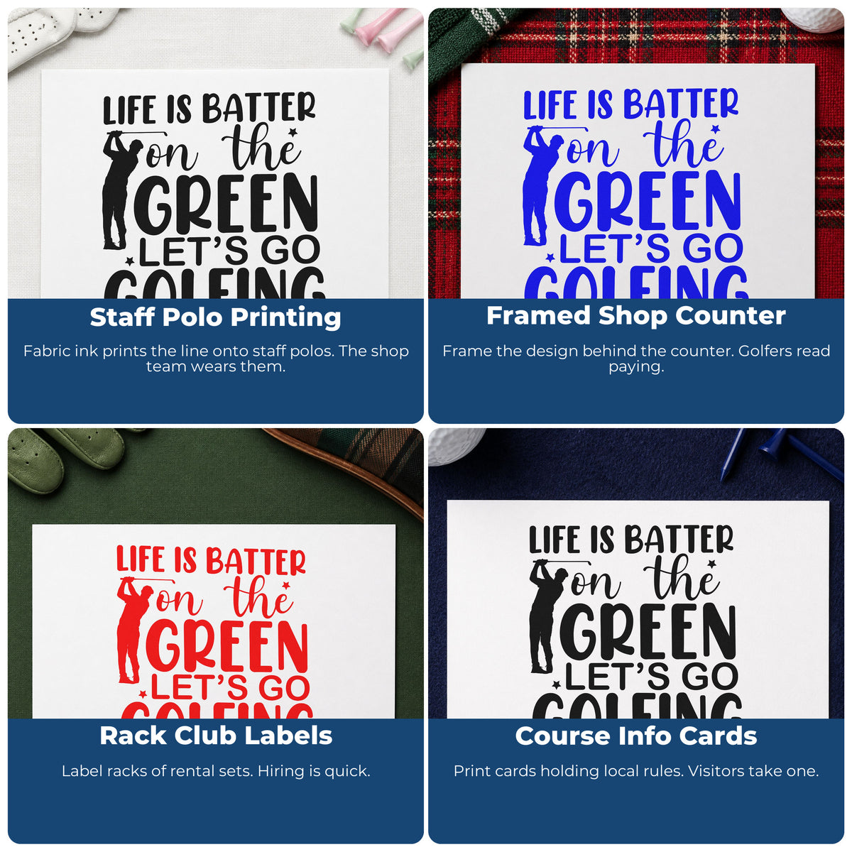Four ways to use the Self-Inking Golfing On The Green Stamp: staff polo printing, framed shop counter, rack club labels and course info cards.