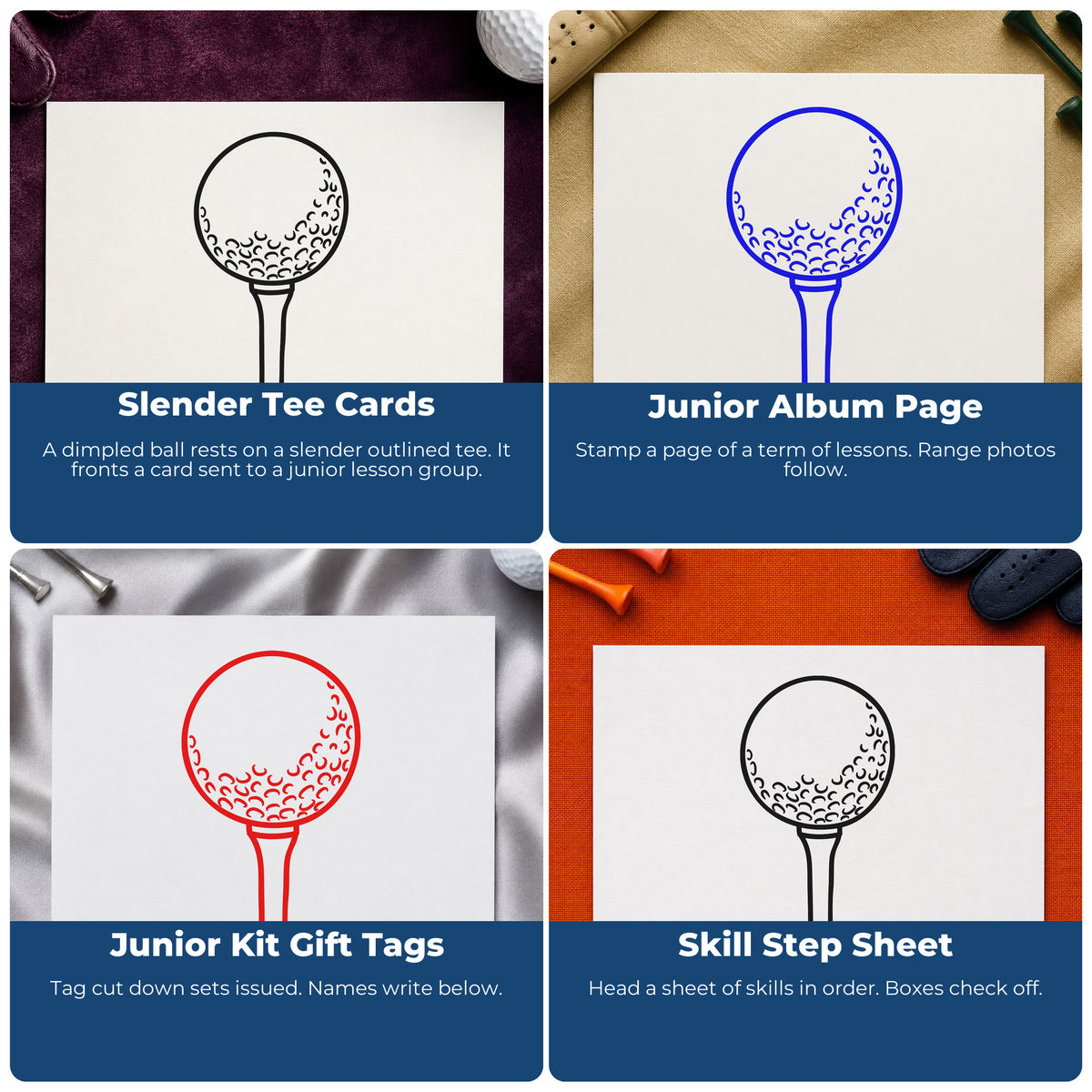 Four ways to use the Duo Hand Golf Ball On Tee Rubber Stamp: slender tee cards, junior album page, junior kit gift tags and skill step sheet.