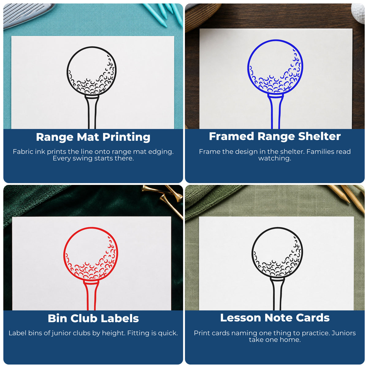 Four ways to use the Golf Ball On Tee Premium Wooden Stamp - Vintage Pro: range mat printing, framed range shelter, bin club labels and lesson note cards.