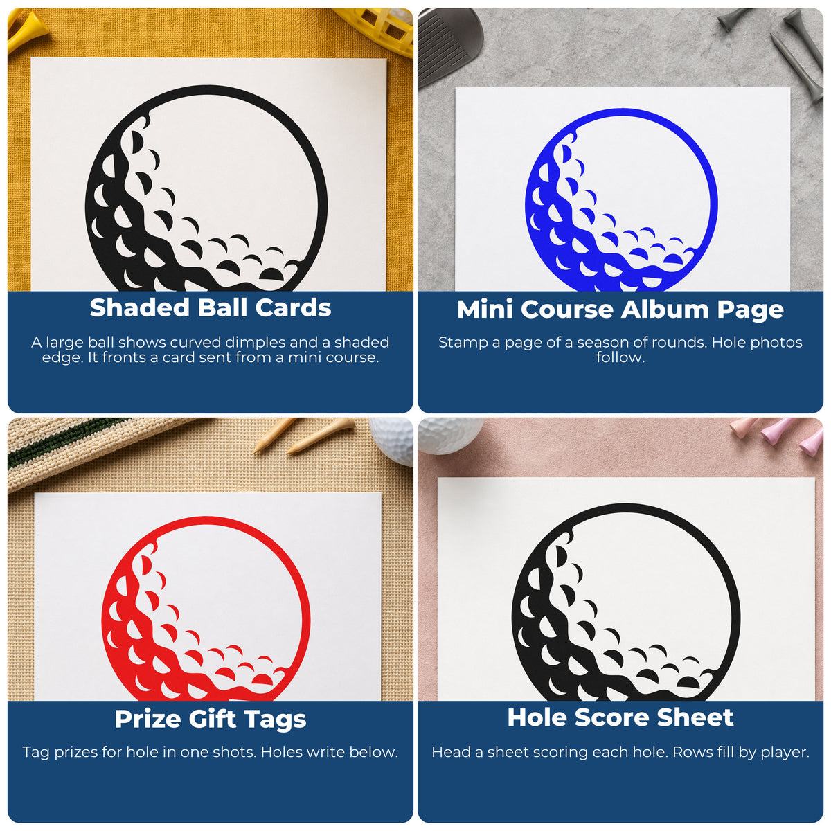 Four ways to use the Shaded Golf Ball Circular Layout Self-Inking Stamp: shaded ball cards, mini course album page, prize gift tags and hole score sheet.