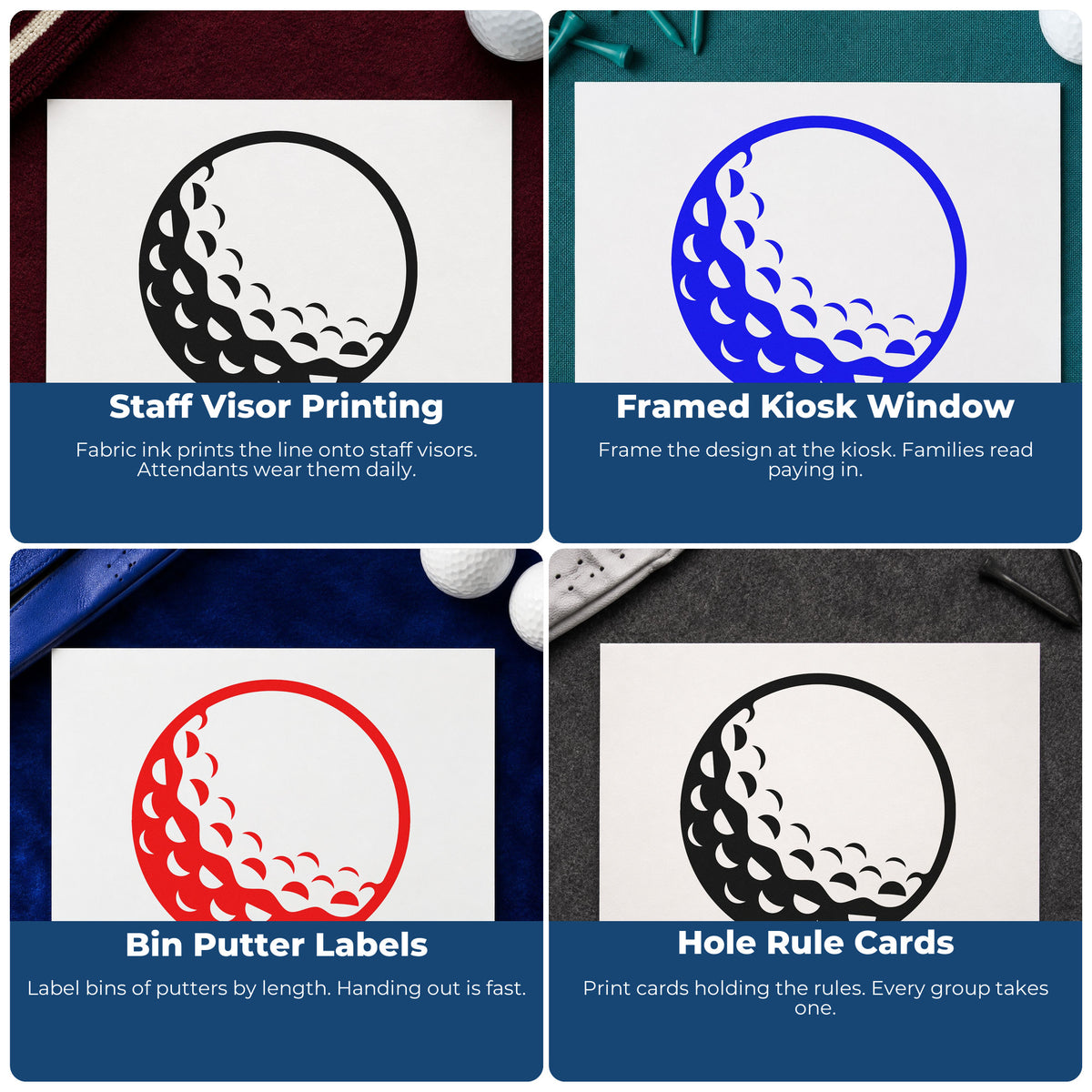 Four ways to use the Shaded Golf Ball Circular Layout Rubber Stamp – Duo Hand: staff visor printing, framed kiosk window, bin putter labels and hole rule cards.
