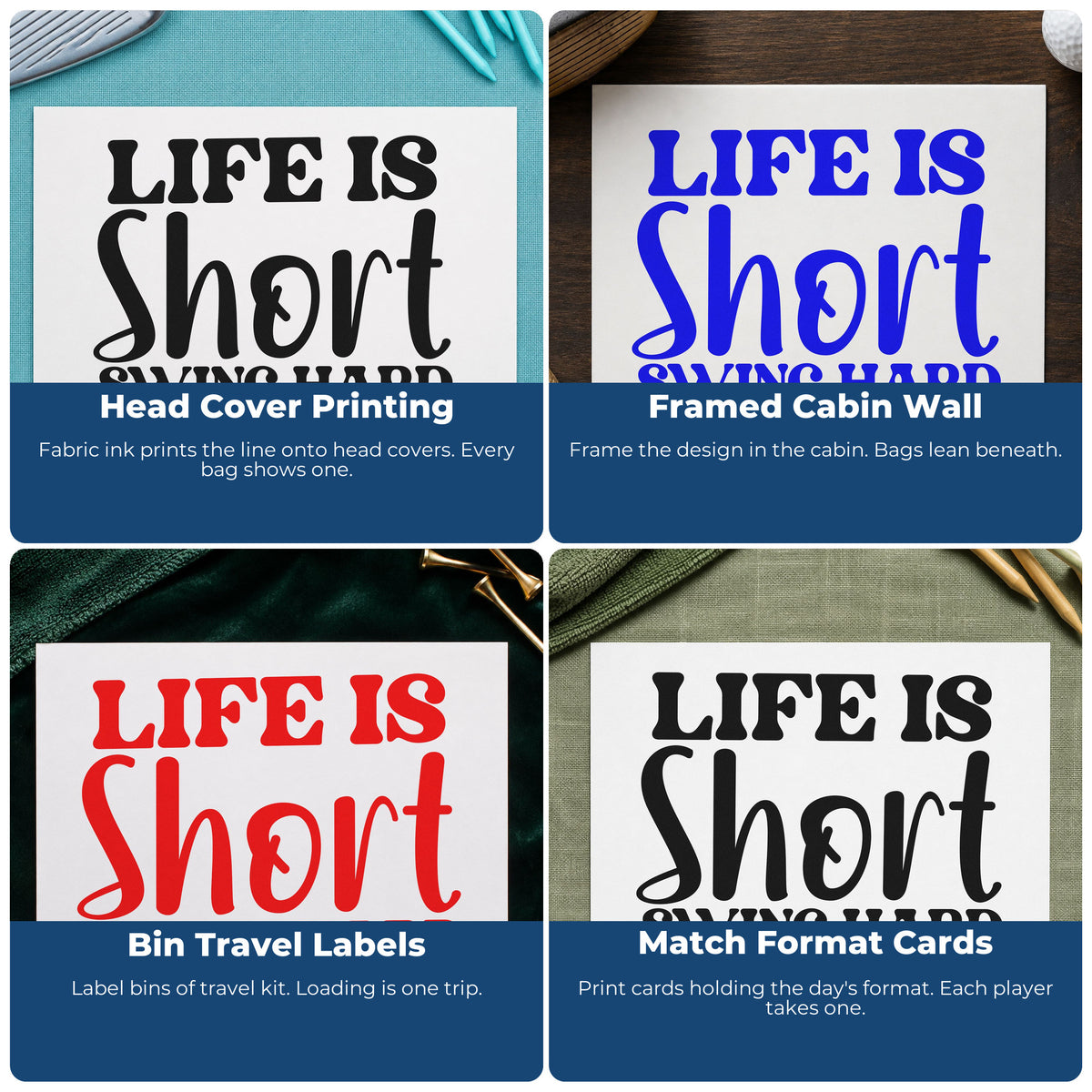 Four ways to use the Pre-Inked Life Short Swing Hard Stamp – PSI: head cover printing, framed cabin wall, bin travel labels and match format cards.