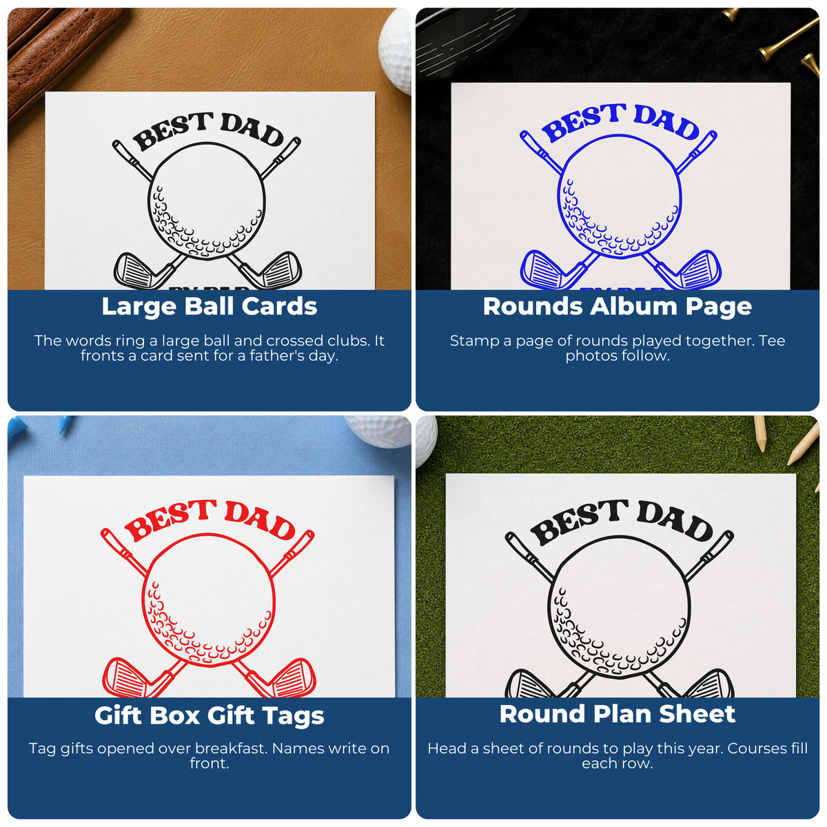 Four ways to use the Best Dad By Par Golf Ball Self-Inking Stamp: large ball cards, rounds album page, gift box gift tags and round plan sheet.