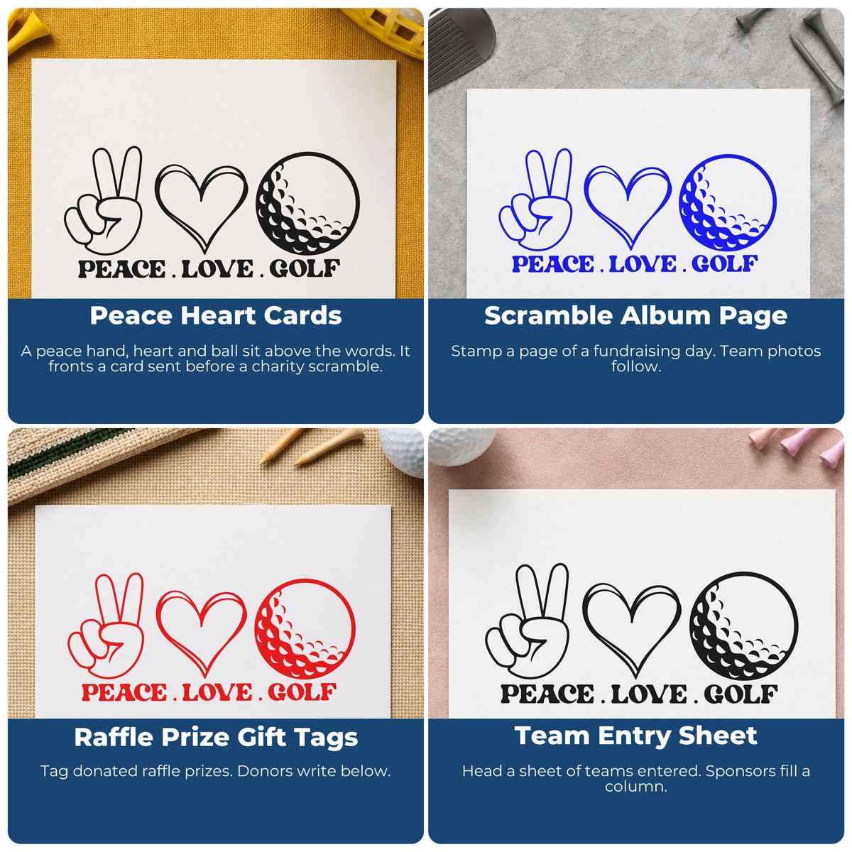 Four ways to use the Peace Love Golf Icons Premium Wood-Mounted Stamp - Vintage Pro: peace heart cards, scramble album page, raffle prize gift tags and team entry sheet.