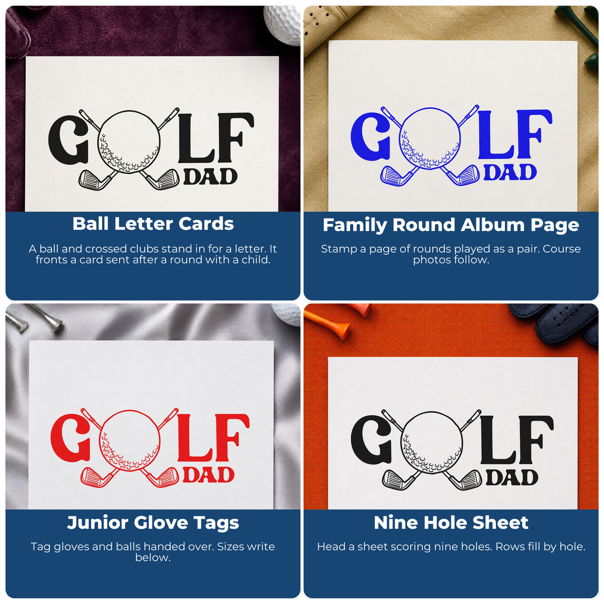 Four ways to use the Golf Dad Ball Letter Rubber Stamp – Duo Hand: ball letter cards, family round album page, junior glove tags and nine hole sheet.