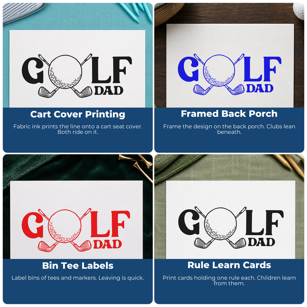 Four ways to use the Golf Dad Ball Letter Rubber Stamp – Duo Hand: cart cover printing, framed back porch, bin tee labels and rule learn cards.