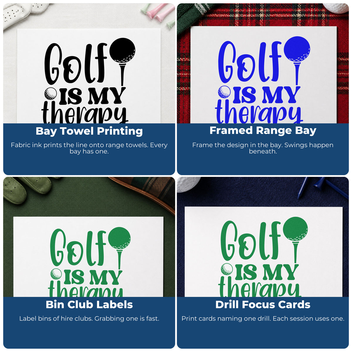 Four ways to use the Golf Therapy Tee And Ball Lettering Wood-Mounted Rubber Stamp: bay towel printing, framed range bay, bin club labels and drill focus cards.