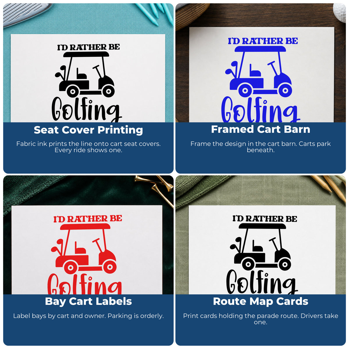 Four ways to use the Wood Handle Golf Cart Rather Be Golfing Rubber Stamp: seat cover printing, framed cart barn, bay cart labels and route map cards.