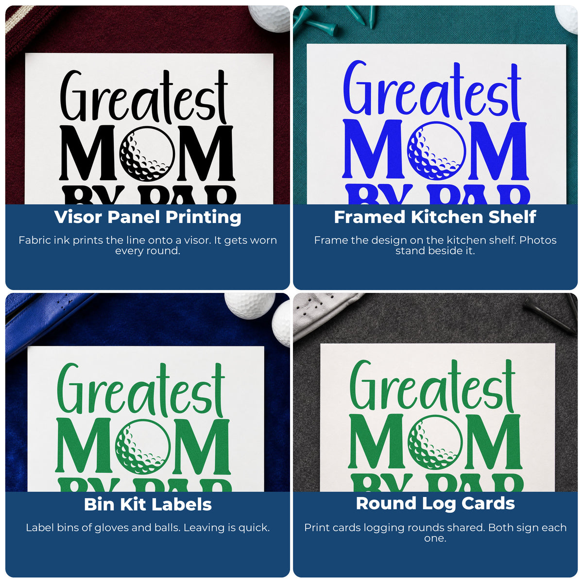 Four ways to use the Greatest Mom By Par Premium Wooden Stamp - Vintage Pro: visor panel printing, framed kitchen shelf, bin kit labels and round log cards.