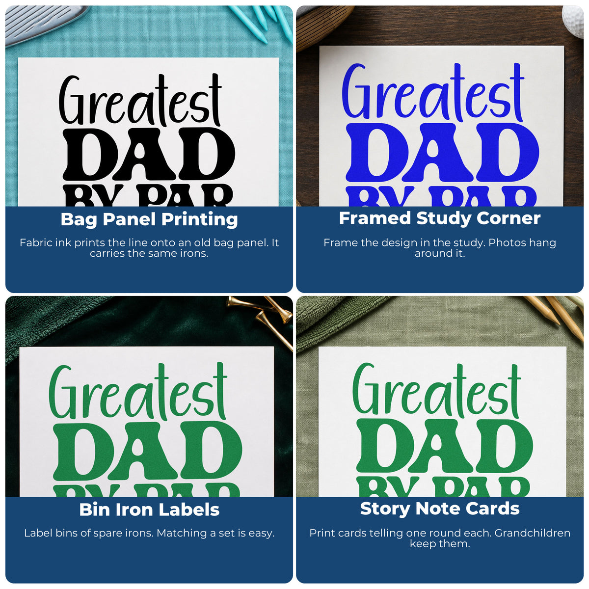 Four ways to use the Greatest Dad By Par Block Lettering Slim Pre-Inked Stamp: bag panel printing, framed study corner, bin iron labels and story note cards.