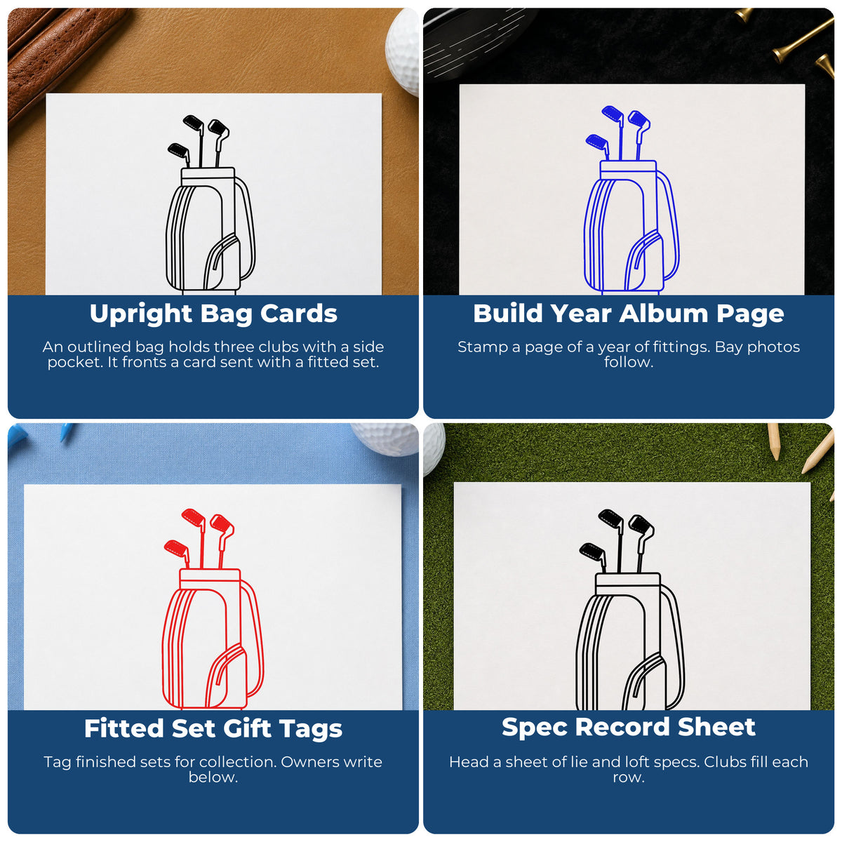 Four ways to use the Golf Bag With Clubs Hand Stamp – Duo: upright bag cards, build year album page, fitted set gift tags and spec record sheet.