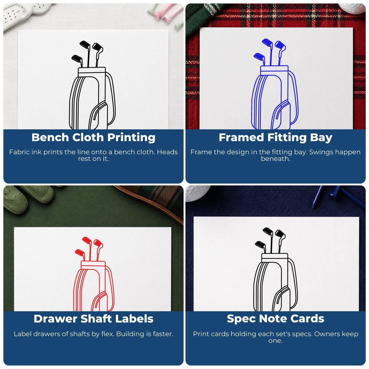 Four ways to use the Golf Bag With Clubs Craft Stamp – Self-Inking: bench cloth printing, framed fitting bay, drawer shaft labels and spec note cards.