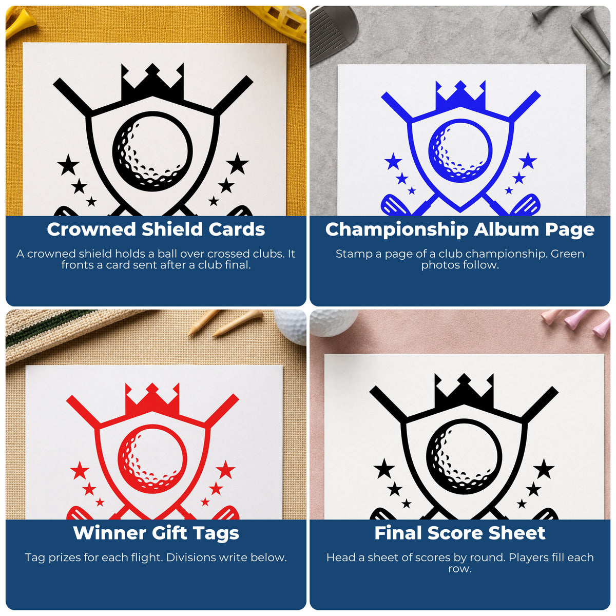 Four ways to use the Crowned Golf Shield Emblem With Stars Self-Inking Stamp: crowned shield cards, championship album page, winner gift tags and final score sheet.