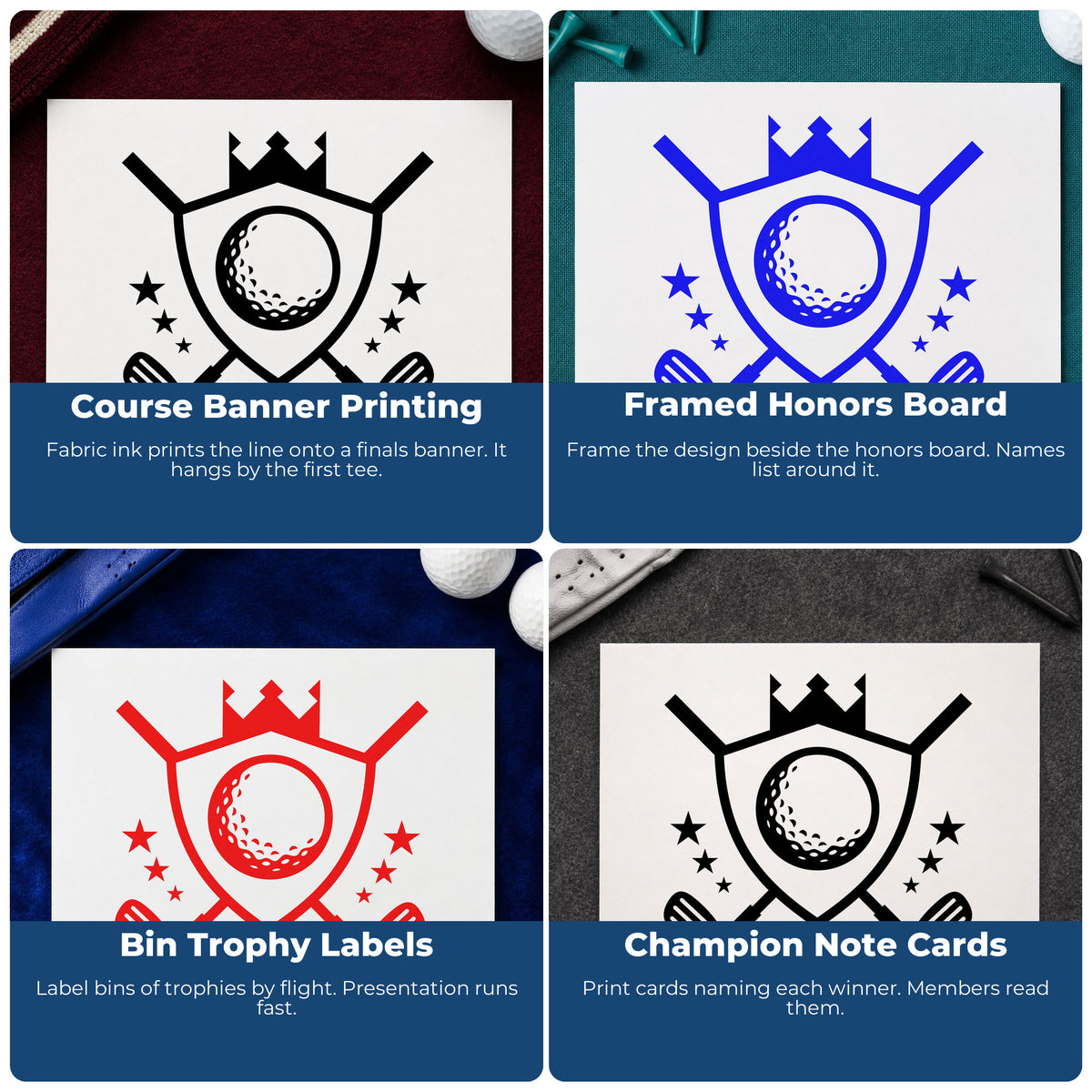 Four ways to use the Crowned Golf Shield Emblem With Stars Rubber Stamp – Duo Hand: course banner printing, framed honors board, bin trophy labels and champion note cards.
