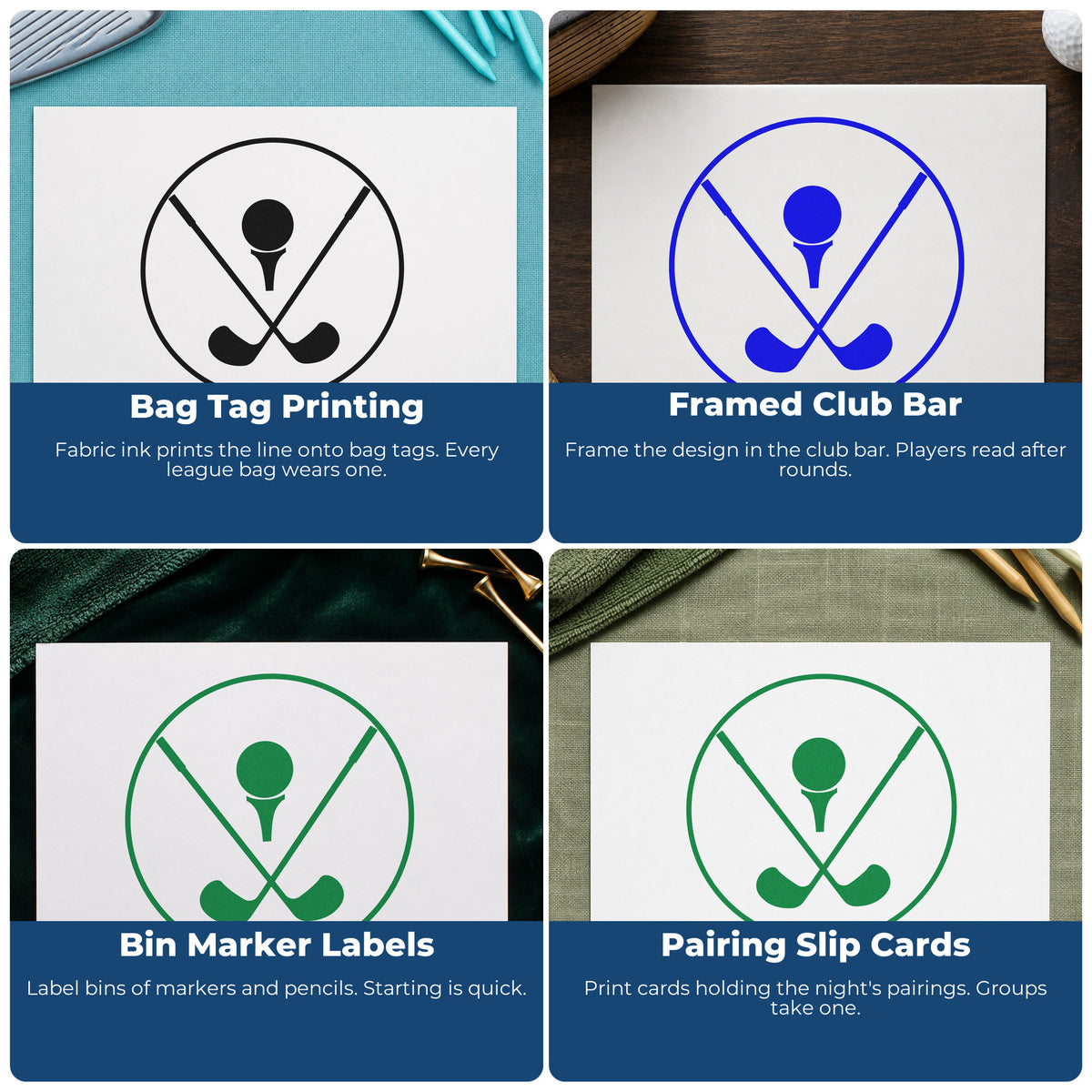 Four ways to use the Golf Clubs And Tee Circular Emblem Slim Pre-Inked Stamp: bag tag printing, framed club bar, bin marker labels and pairing slip cards.