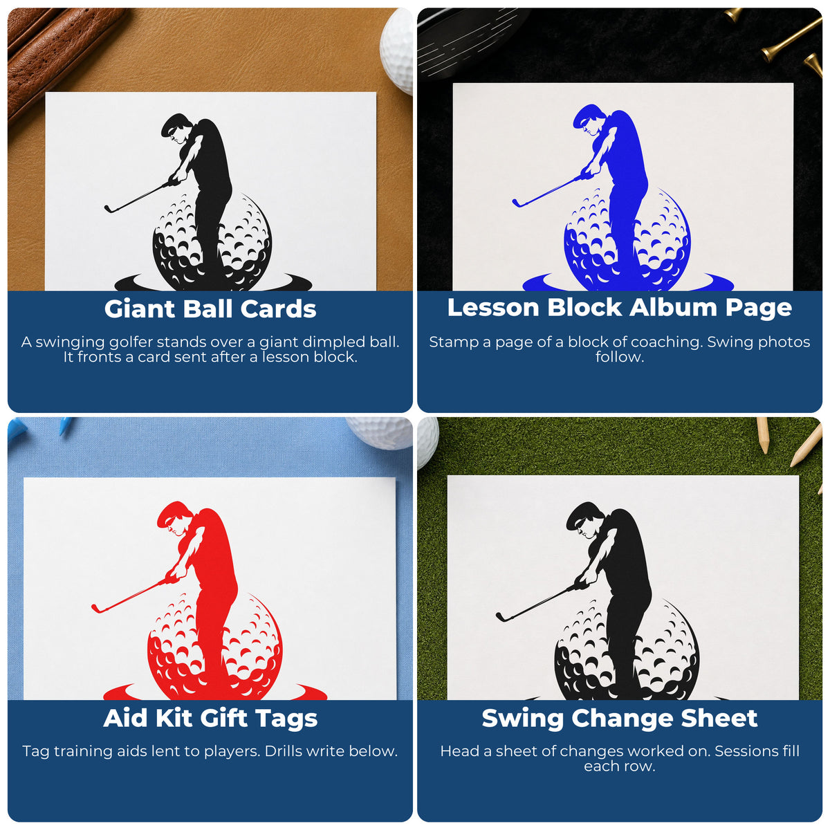 Four ways to use the Golfer Standing On Ball Wood Handle Stamp: giant ball cards, lesson block album page, aid kit gift tags and swing change sheet.