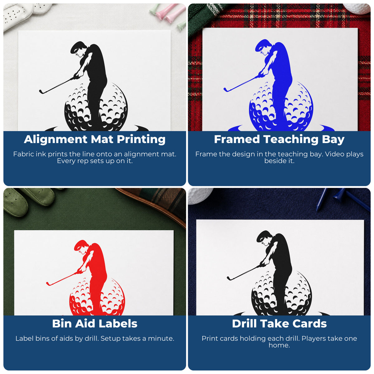 Four ways to use the Golfer Standing On Ball Wood Handle Stamp: alignment mat printing, framed teaching bay, bin aid labels and drill take cards.