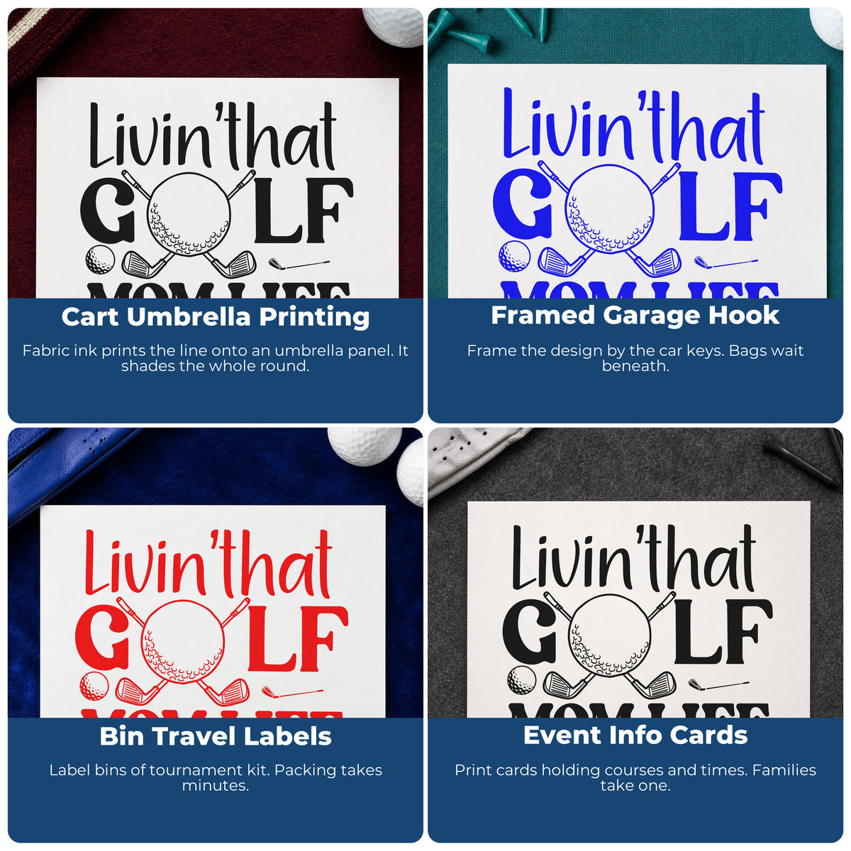 Four ways to use the Golf Mom Life Ball And Clubs Pre-Inked Stamp – Slim: cart umbrella printing, framed garage hook, bin travel labels and event info cards.