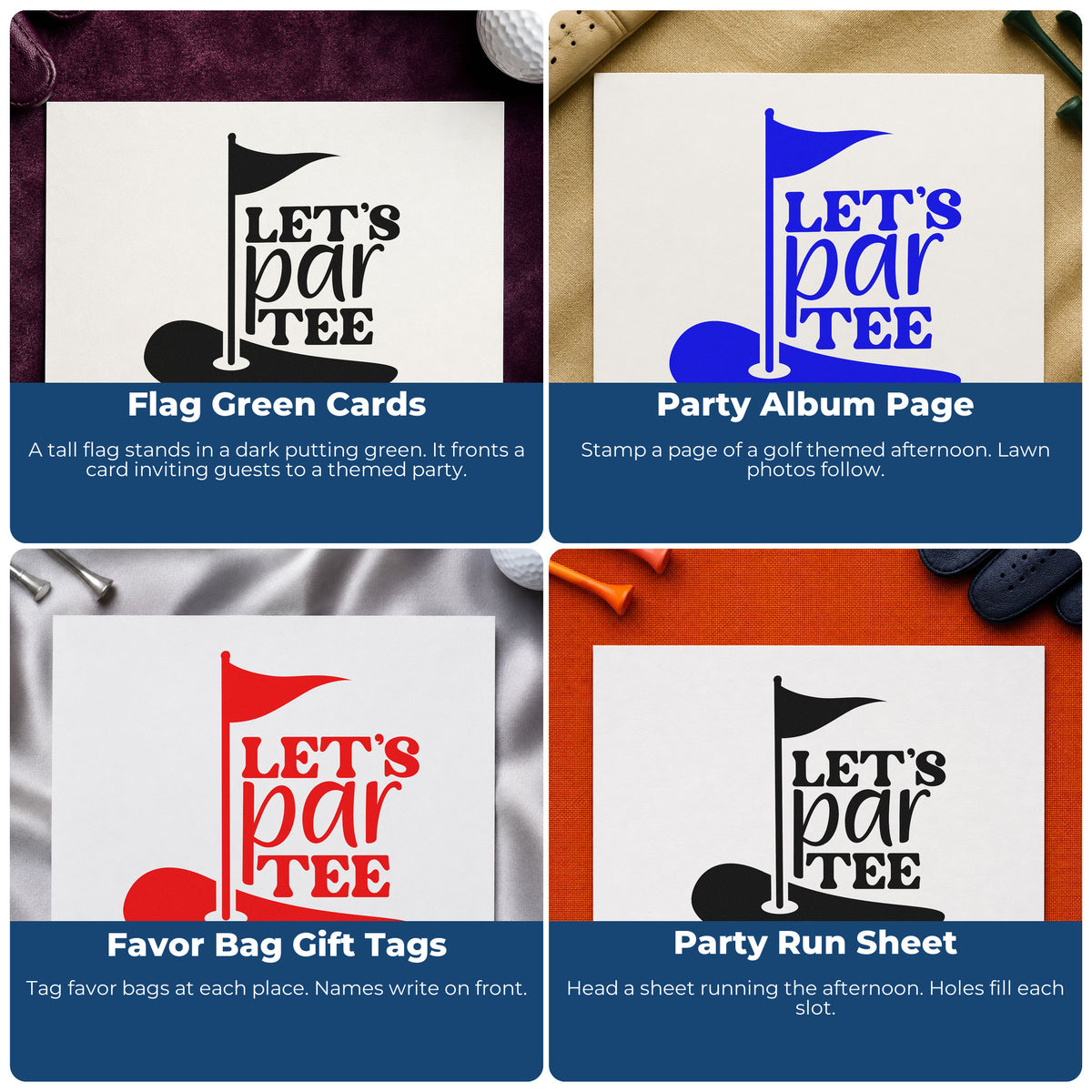 Four ways to use the Putting Green Flag With Let's Par Tee Stamp - Premium Vintage Pro Wooden: flag green cards, party album page, favor bag gift tags and party run sheet.