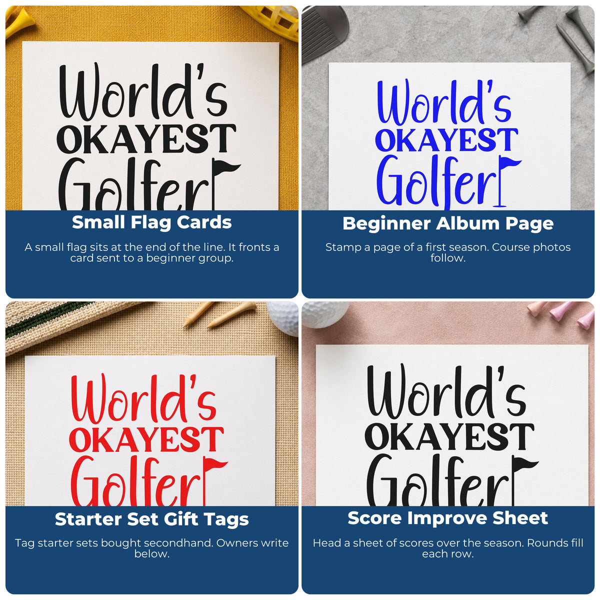 Four ways to use the Worlds Okayest Golfer Word Art Stamp – PSI Pre-Inked: small flag cards, beginner album page, starter set gift tags and score improve sheet.