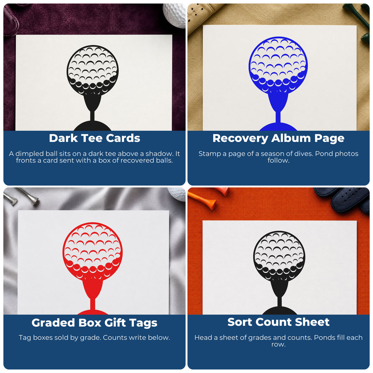 Four ways to use the Golf Ball On A Tee With Shadow Hand Stamp – Duo: dark tee cards, recovery album page, graded box gift tags and sort count sheet.