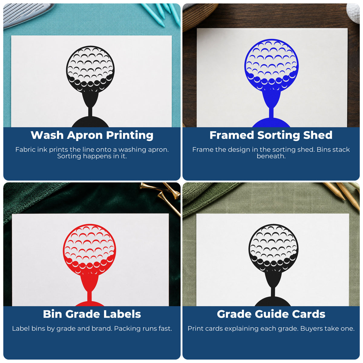 Four ways to use the Golf Ball On A Tee With Shadow Rubber Stamp – Wood Handle: wash apron printing, framed sorting shed, bin grade labels and grade guide cards.