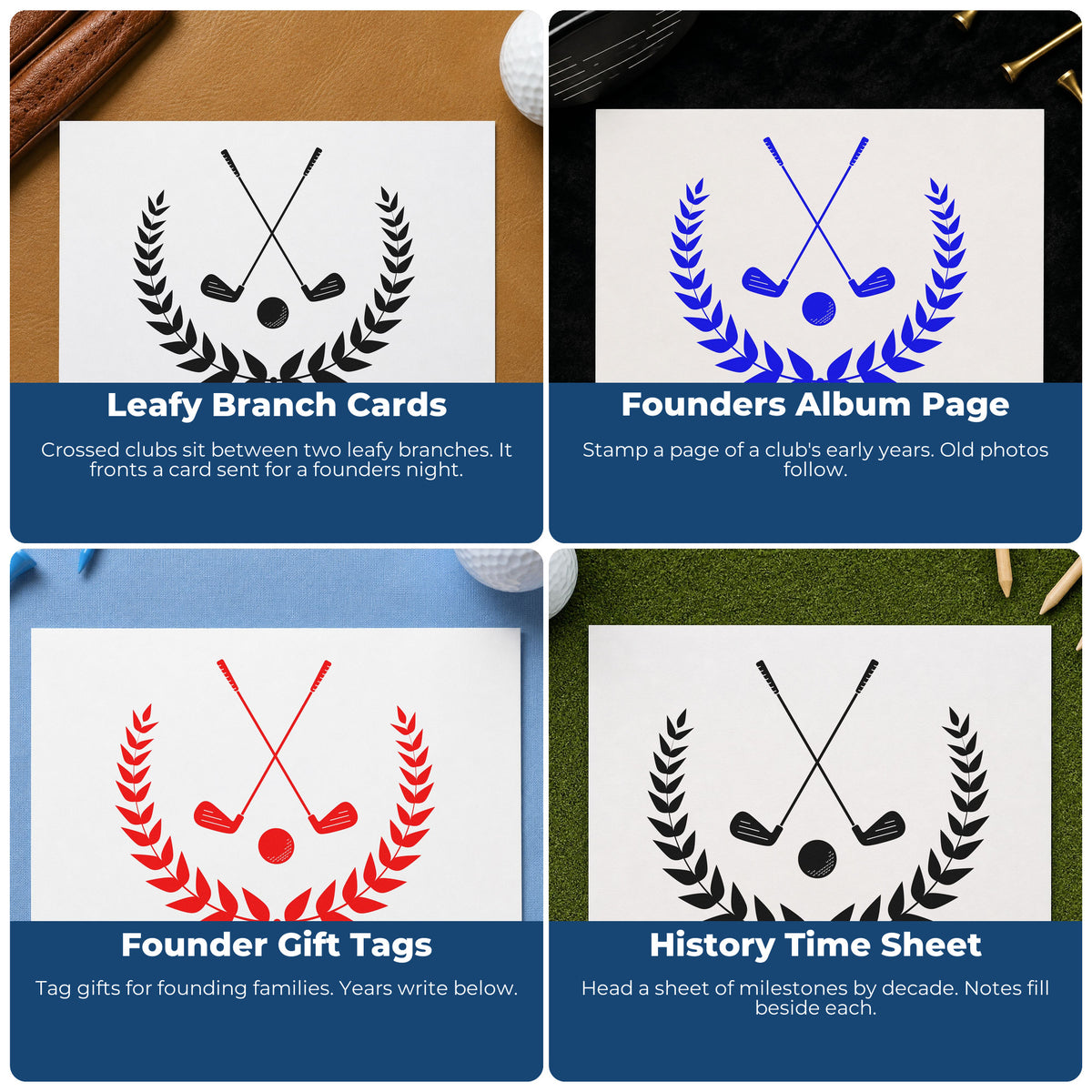 Four ways to use the Golf Clubs Laurel Emblem Leaf Accents Wood Handle Stamp: leafy branch cards, founders album page, founder gift tags and history time sheet.