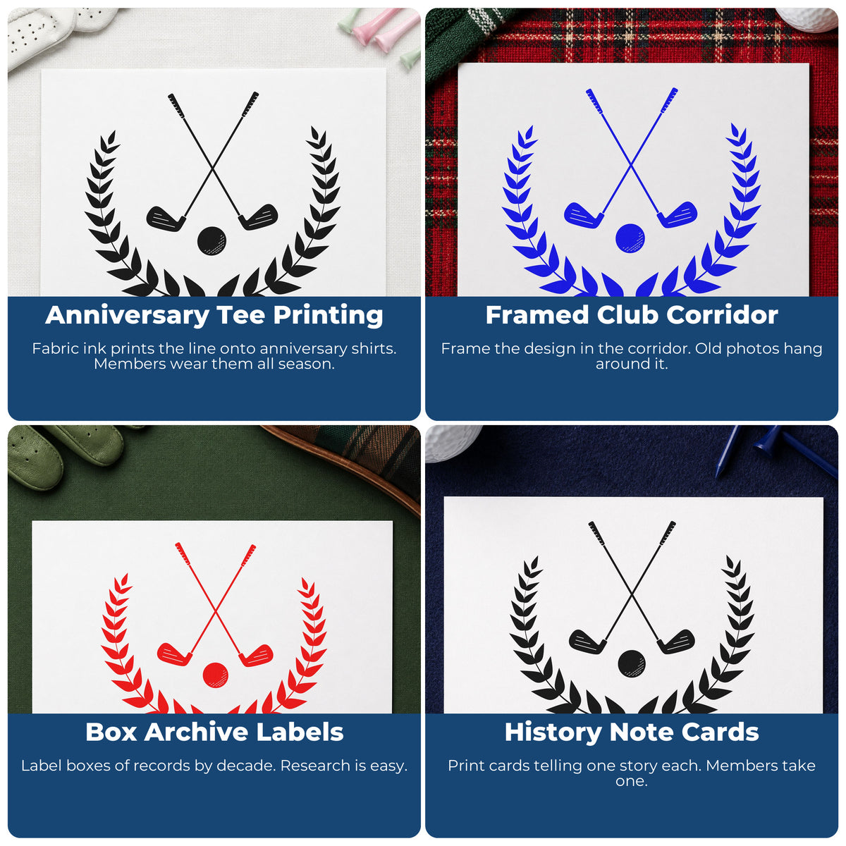 Four ways to use the Golf Clubs Laurel Emblem Leaf Accents Wood Handle Stamp: anniversary tee printing, framed club corridor, box archive labels and history note cards.